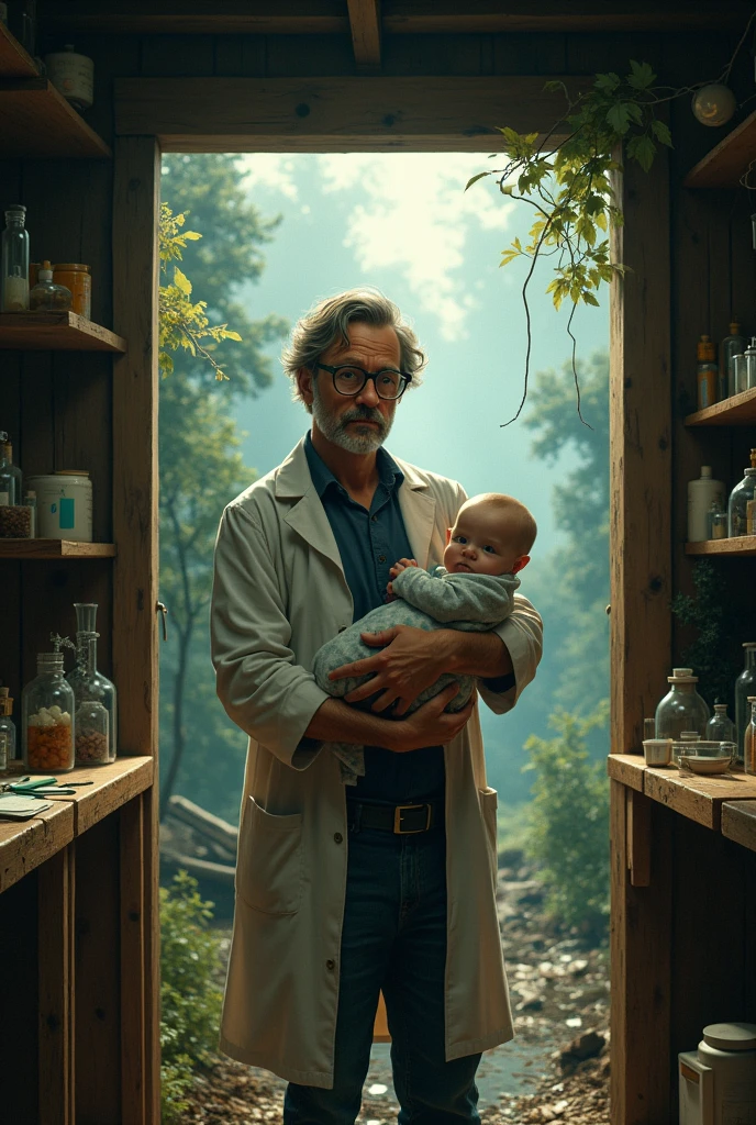 Scientist and his baby in a house in the woods while everything is chaos
