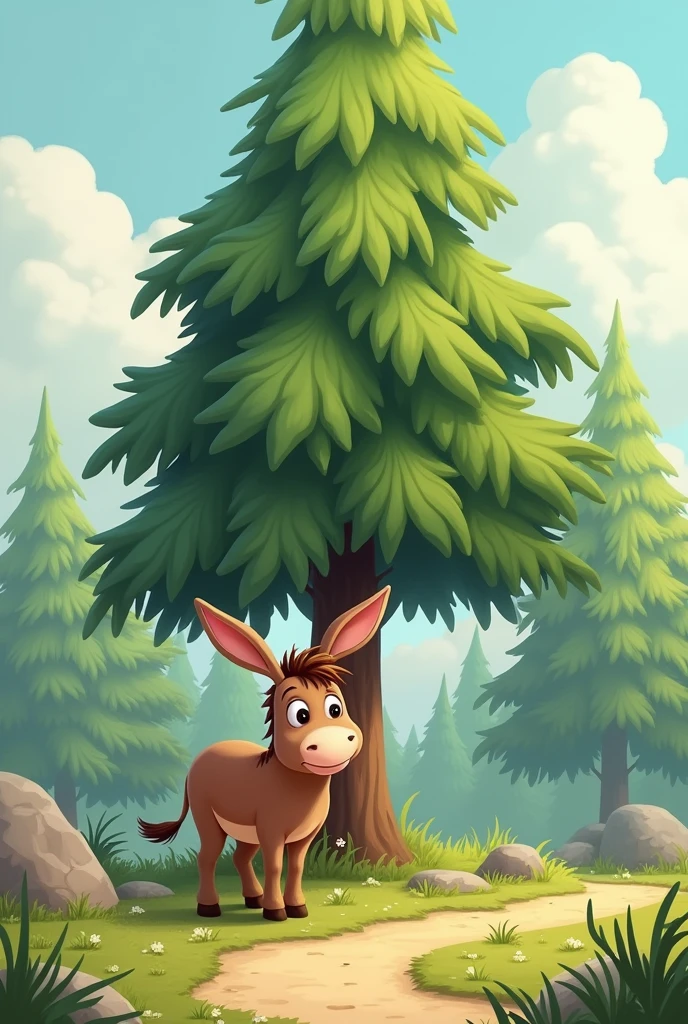 DONKEY NEXT TO A PINE TREE