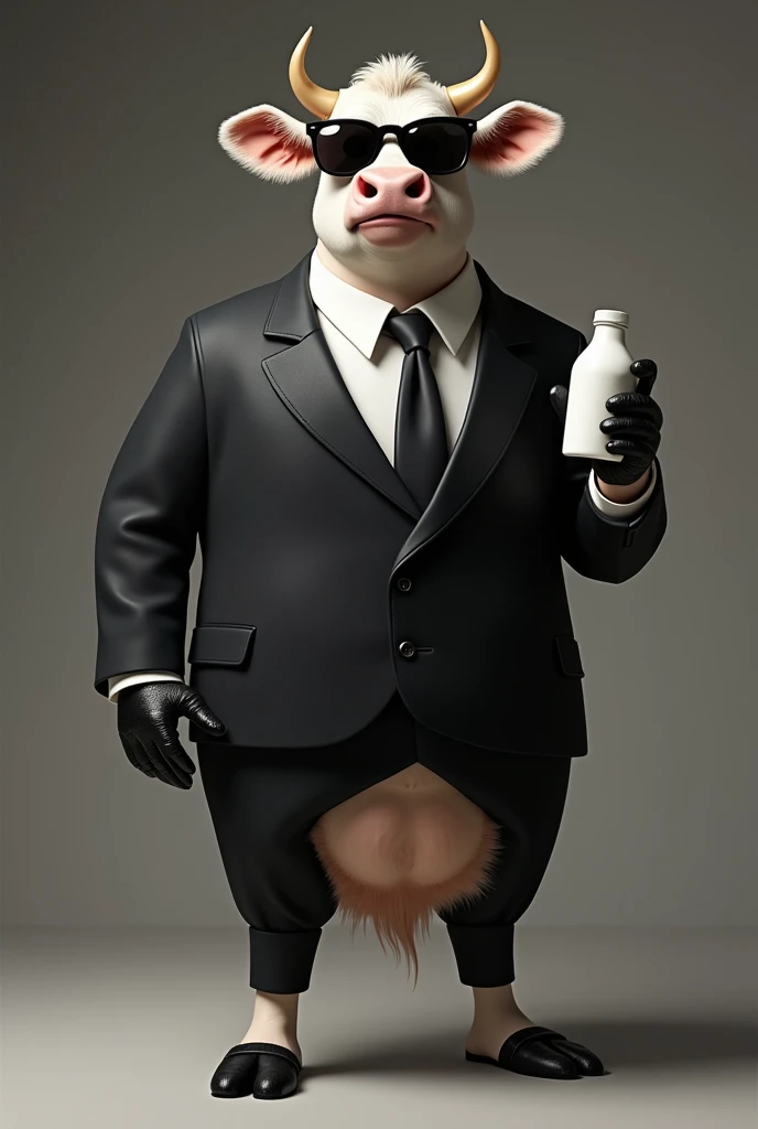 A dairy cow standing on 2 legs, He is smiling, dressed in a black suit, with black leather gloves, with black sunglasses, holding a bottle of yogurt in his right hand.