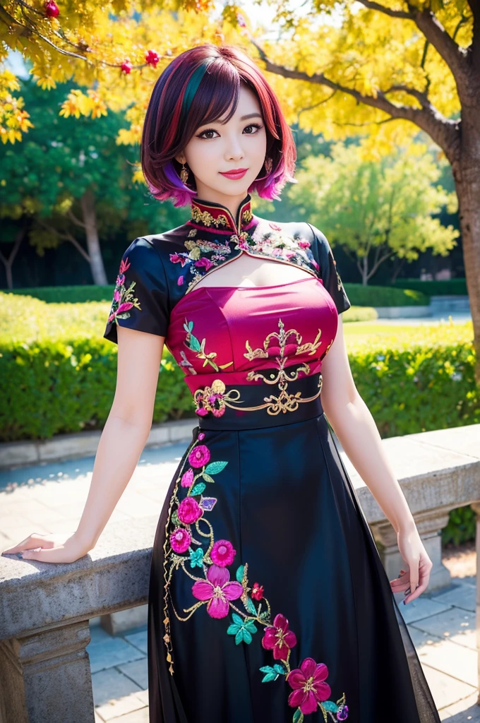 (masterpiece:1.4), (best quality:1.4), ultra high res, ultra high resolution, ((detailed facial features)), HDR, (realistic, photorealistic, photo-realistic:1.37), full body Esbian, sexy Vietnamese model, (-anime), vivid colors, ((vivid colors multicolor (red, fuchsia) very short hair)), (happy smile), lip-gloss, long lashes, ultra detailed metallic makeup, defined eyebrows, wearing large sparkling colorful jewelery, wearing a red silk Paradise Kiss cosplay dress with black floral embroidery, ((vivid colors outfit)), vivid colors, look at the camera, cinematic light, large park background with trees, sweet and sexy pose