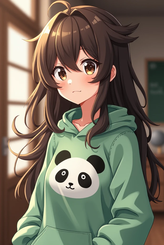 A character from Boku no Hero, Long brown wavy hair, dark brown eyes, wears a light green hooded sweatshirt with a panda in the middle, loves math