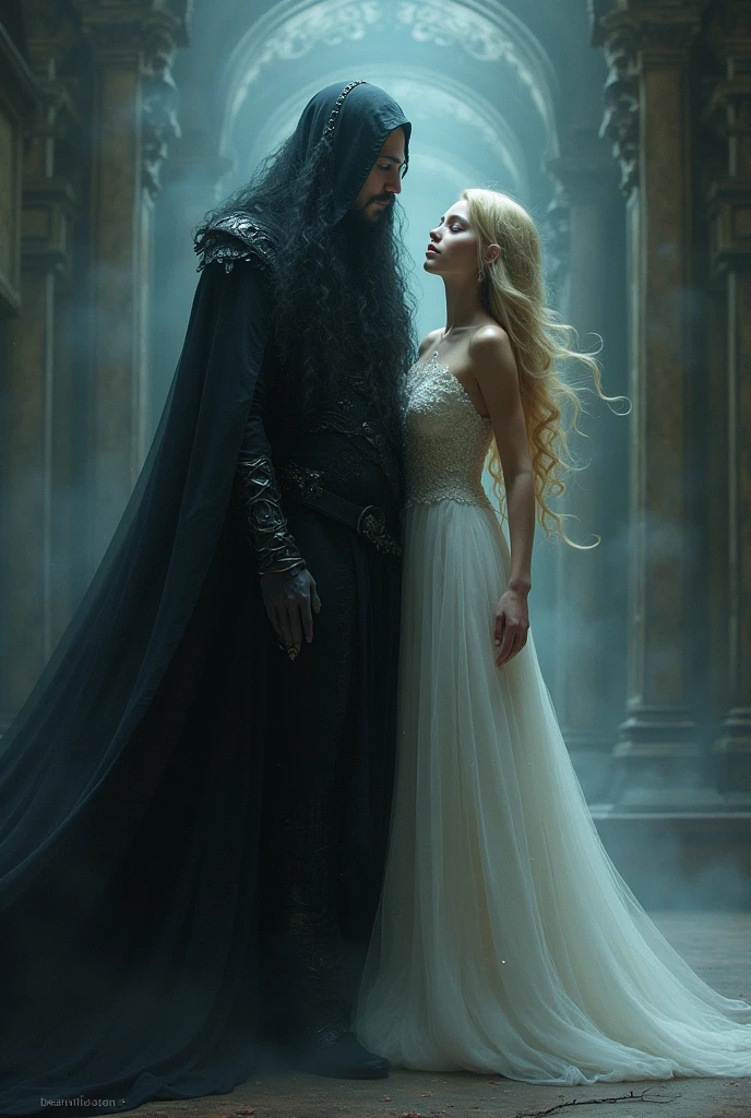 A necromancer wizard who lost his physical body by giving in to dark magic, He controls shadows and is very powerful., attractive and his very beautiful witch wife with doll face and blonde hair, young and sexy dressed in white