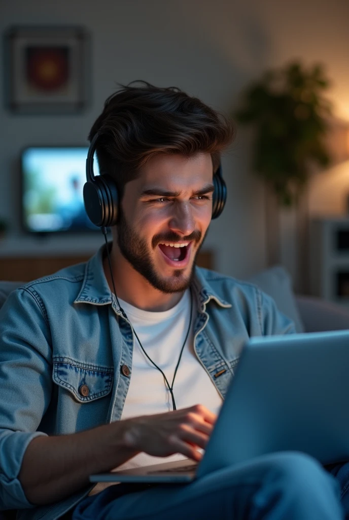 create male character, with headphones reacting to internet videos