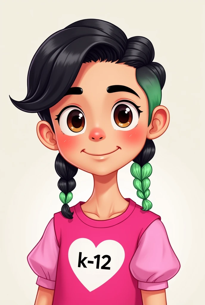 Gender:male Skin:Clear Eyes:brown Style:cartoon
Cabelo:hair parted in the middle with one side black and one side white, in addition a braid on each side with the respective color of the hair side, at the beginning of the braid there is a green-water colored loop Body:high Clothes:a hot pink shirt with light pink puff sleeves and a white heart in the middle of the shirt with the writing "K- 12"