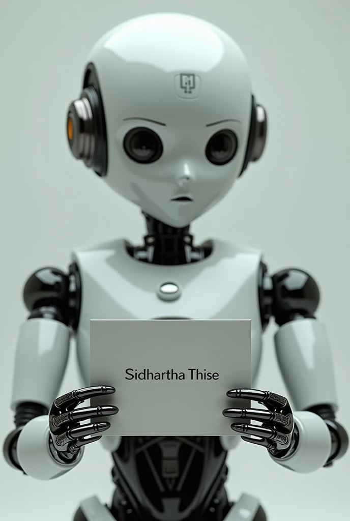 A robot holding a card,  Siddhartha thise name writing in card..  And he saw his viwer