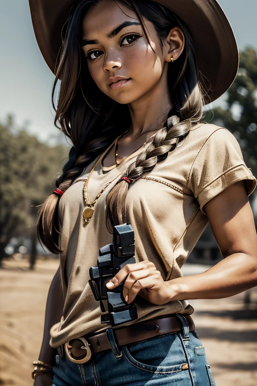 RAW photo in sequence, A photo of a 2 woman, ((Upper body)), Detailed face, detailed and slightly out of focus background shots, natural lights, HdR, realistic photo, professional photography, visible to the viewer, sexy appearance, photorealistic, tan skin, 8K UHD, high quality, film grain, Fujifilm XT3, braided hair, Cowgirl, modest clothes, aiming with an revolver, in a wild west town, gun pointed at enemy