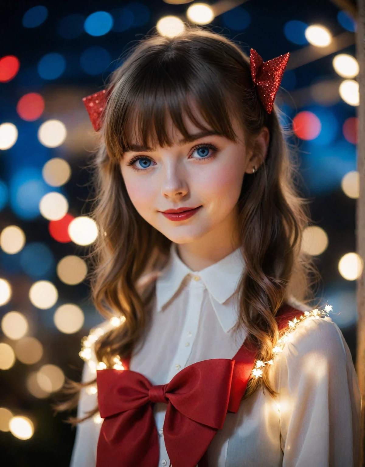 (extremely delicate and beautiful: 1.2), 1girl, bangs, blue eyes, blur, blur background, bow, brown hair, shut up, side view, hair between eyes, hair bow, lantern, light particles, long sleeves, look looking at audience, medium hair, night, red bow, solo, stars(symbol), upper body, smile, red lips