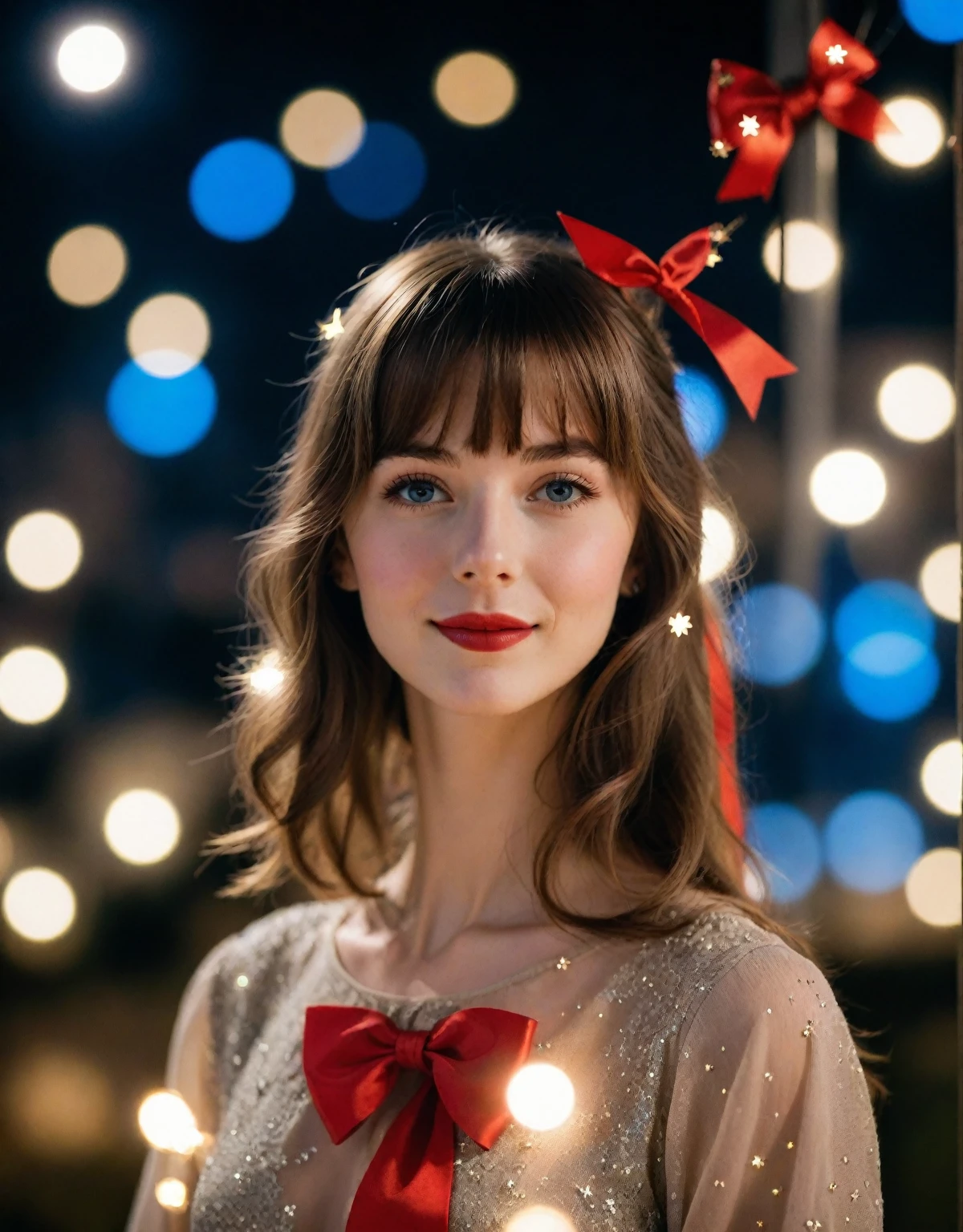 (extremely delicate and beautiful: 1.2), 1girl, bangs, blue eyes, blur, blur background, bow, brown hair, shut up, side view, hair between eyes, hair bow, lantern, light particles, long sleeves, look looking at audience, medium hair, night, red bow, solo, stars(symbol), upper body, smile, red lips