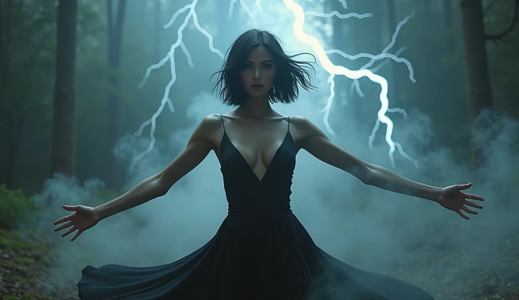 Wallpaper of a very beautiful and elegant witch with very pretty eyes, flying in the forest facing towards camera with short open hair and open arms getting power from the sky. Very dense and heavy smoke and lighting strikes in the background. Ultra high definition, very detailed, black dress, fantasy.
