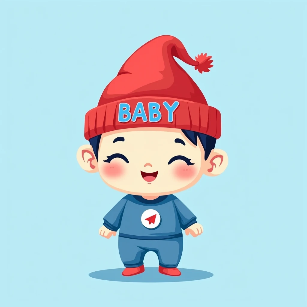 Baby povel durov , Telegram logo , cute , background light blue , red hat , BABY written on the hat in capital letters , in blue clothes povel durov yaz
