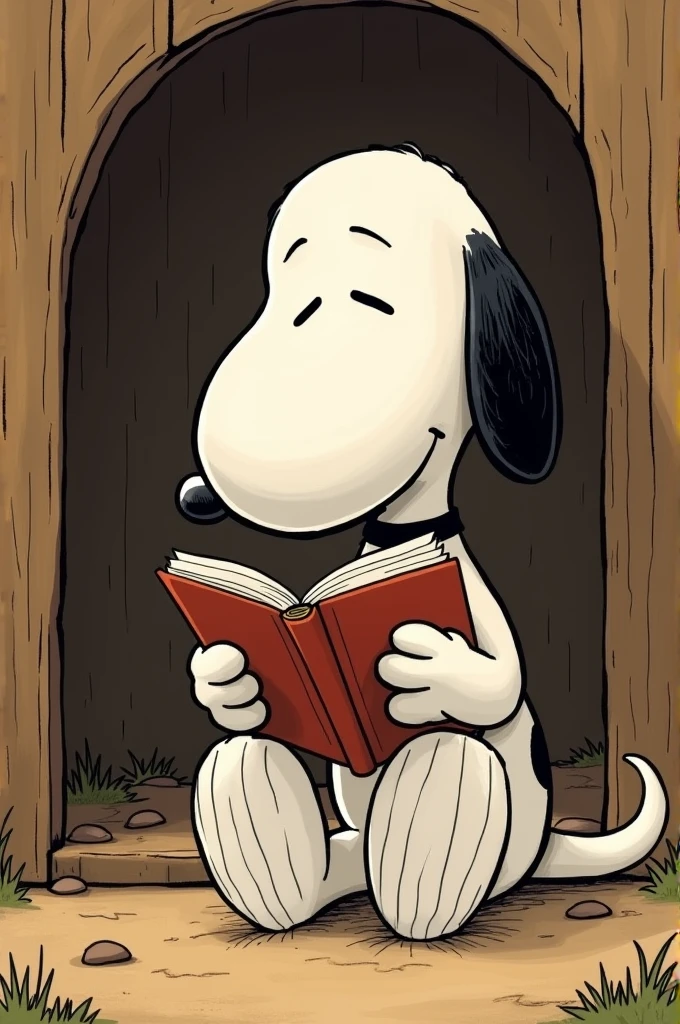 Snoopy reading a book in English