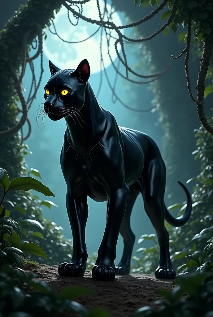 Venom and the animal black panther、genetic research institute。There is a large glass cylinder used for scientific experiments。They are each contained in a cylinder。Black Panther prompt「Beautiful black leopard walking through the deep jungle。Her supple body melts into the darkness、Shiny black fur illuminated by moonlight。Sharp yellow eyes staring into the distance、As if searching for prey。Dense trees behind々Spread、green々The thick leaves and vines are intertwined.、It exudes a mysterious atmosphere。The black panther is powerful yet graceful.、I feel tension and calm at the same time.。」Like this