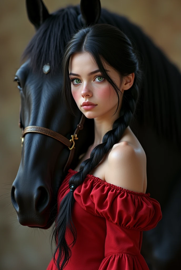 a victorian teenage girl with black hair and green emerald eyes wearing a red victorian dress pale and soft skin with a small mole in her left cheek she’s very beautiful and has a serious face with a black horse