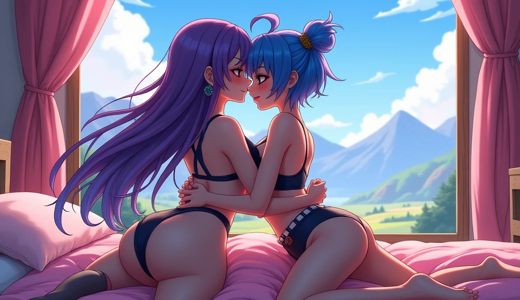 Number 8、Splatoon、Purple Hair、Long Hair、((pantyhose))、Photo from below、Medium chest、Bedroom、Swimsuit、((school uniform))、bulge, legs spread, 2girls, kissing, dating, score_9, score_8_up, score_7_up, source_anime,
BREAK,, blue hair, short hair, antenna hair, ahoge, yellow eyes, large chest, black hat, headwear, red and black vest, white shoulder armor, zipper, white shorts, black thighhighs, green belt, white boots,
BREAK,
1girl, solo, happy, looking at viewer, full body,
BREAK,
asamura hiori
BREAK,
1girl, outdoors, sky, clouds, distant mountains, full body , shoes, 8K, 1girl, adult, smile, (blush), (shy), looking at viewer, dynamic angle, wind, game cg, fantastic scenery, bulge, bulge in shorts,
