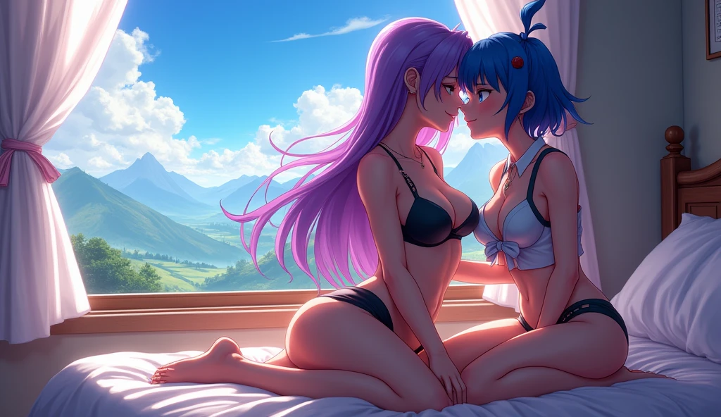 Number 8、Splatoon、Purple Hair、Long Hair、((pantyhose))、Photo from below、Medium chest、Bedroom、Swimsuit、((school uniform))、bulge, legs spread, 2girls, kissing, dating, score_9, score_8_up, score_7_up, source_anime, 
BREAK,, blue hair, short hair, antenna hair, ahoge, yellow eyes,  large chest, black hat, headwear, red and black vest, white shoulder armor, zipper,  white shorts, black thighhighs, green belt, white boots,
BREAK,
1girl, solo, happy, looking at viewer, full body,
BREAK,
asamura hiori
BREAK,
1girl, outdoors, sky, clouds, distant mountains, full body , shoes, 8K,  1girl, adult,  smile, (blush), (shy), looking at viewer,  dynamic angle, wind, game cg, fantastic scenery, bulge, bulge in shorts, 