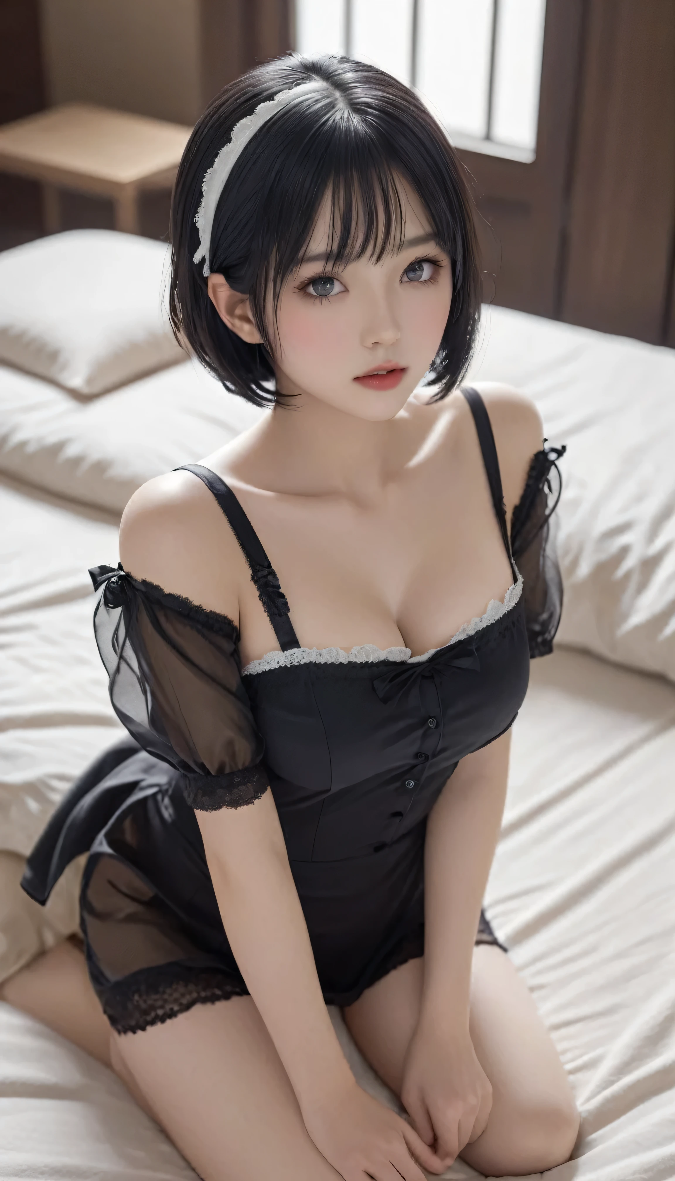 (Surreal)、(High resolution)、(8k)、(Very detailed)、(Best illustrations)、(Beautiful and detailed eyes:1.0)、Highest quality:1.0,maid、lingerie,Natural Lip,Black short hair、On all fours in bed