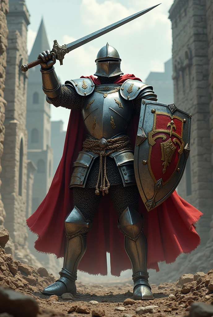 Make a warrior in attack position with:
Clothing and Weapons:
He wears shiny plate armor with ornate details and a visored helmet..
He carries a long sword and a heraldic shield with a family emblem..
around:
A medieval battlefield or a ruined castle.
Posture and Actions:
in combat position, perhaps raising his sword for the attack or defending with the shield.