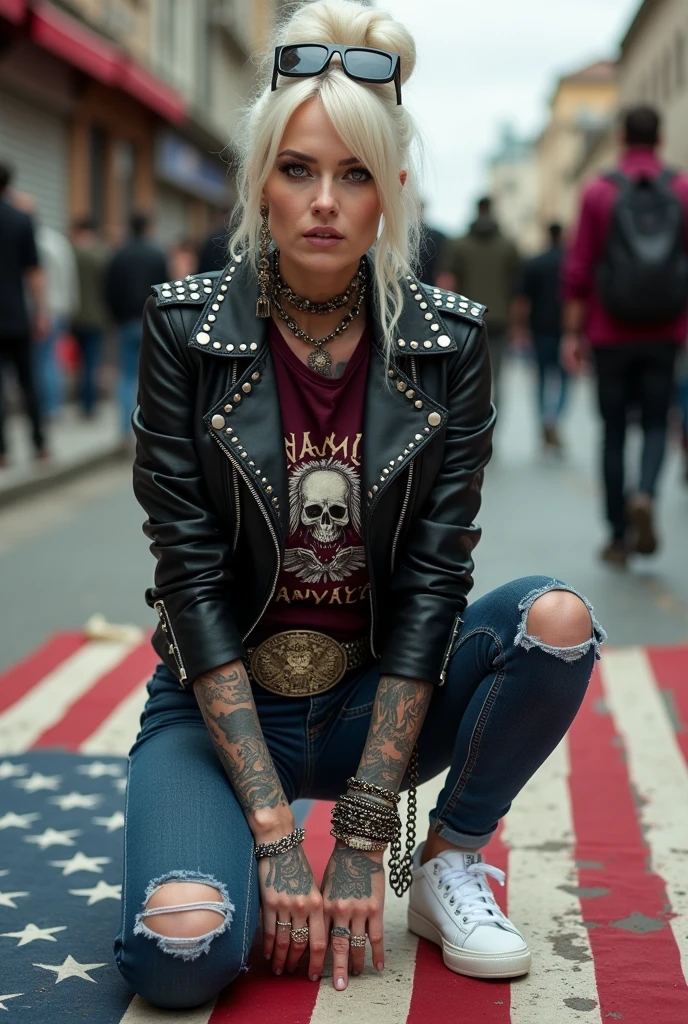 russian old milf woman, , blonde platinum hair (beehive bun) and oversized square sunglasses as headband), with very light green eyes, extremely pale. Wearing studded, padded shoulders, cropped black moto jacket (zippers on the side. dark burgundy push up t-shirt with skull and wings logo and gothic lettering,, dark skinny low rise blue jeans with holes on knees .White tennis sneakers. Lots of thick wide studded bracelets, chain collars and big rings. Tacky wide studded leather belt with big eagle oval buckle. Long earrings with chains. Kneeling on a ragged usa flag, looking at the photographer. Hands on knees. Looking at the camera, Toned abdominals, thin neck, slim legs and thin arms. Narrow hips. Heavily tattooed on chest, hands, neck and arms. Crowded street of Angola