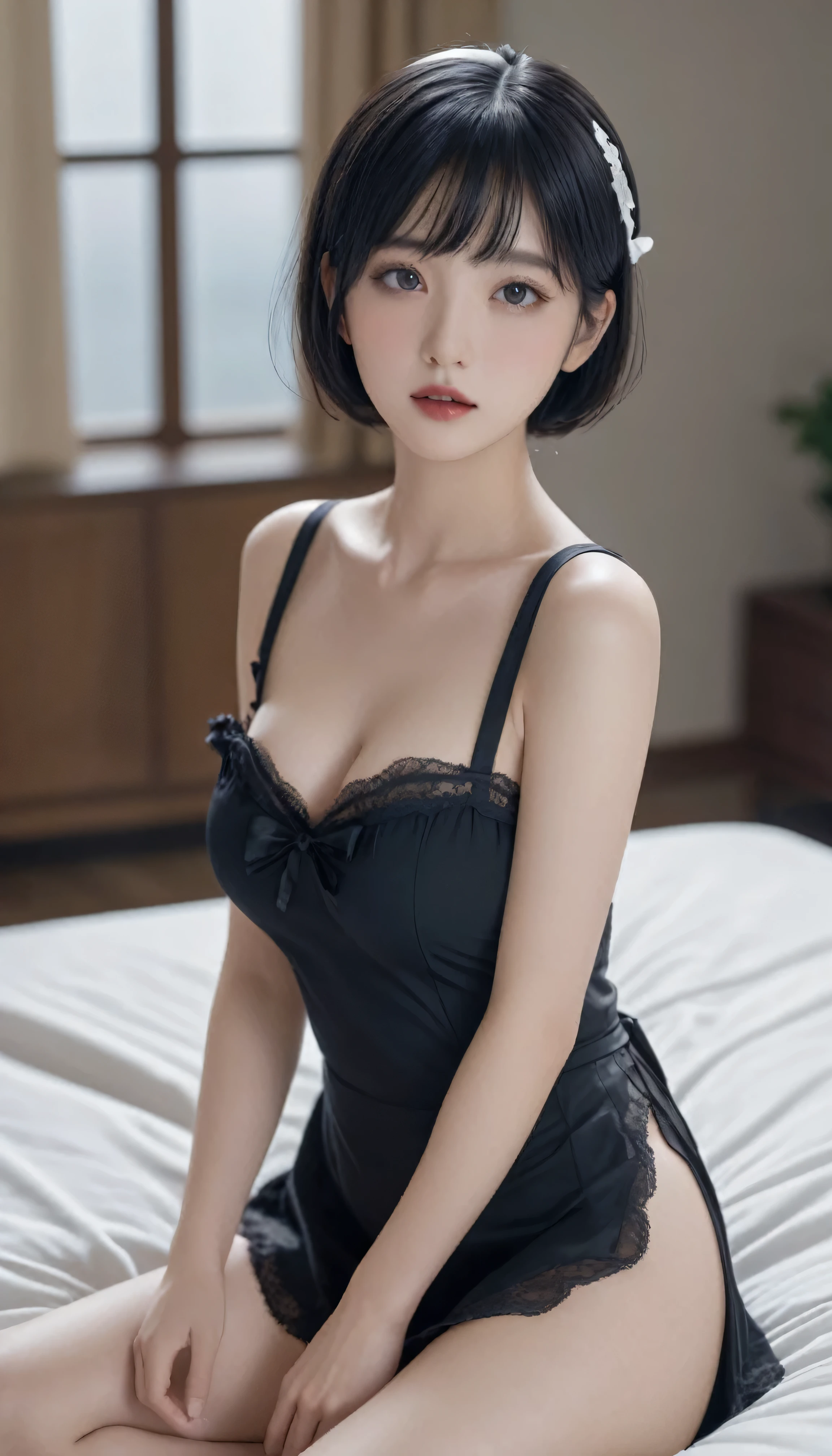 black bob hair cute girl wearing black seethrough neglige,full body,in the bedroom,sitting with legs folded,closeup