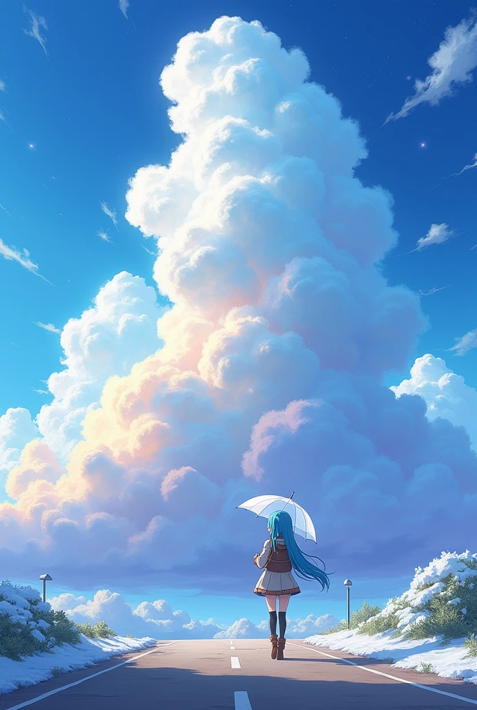  Ai animated Beautiful female character who is walking at the side of road with his transpirant umbrella see the   beautiful clouds in multi colour  
 photos and take one photo  in front of camera wearing 
winter season  clothes and blue colour hair shining with sun roof with long hair 