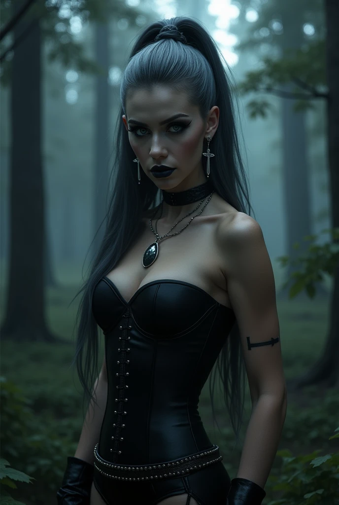 Drag queen with long black-gray ponytail, black tube top, black corset, black and white nail polish, gray eyes, batwing eyebrows, cross earrings, standing in a long night forest.