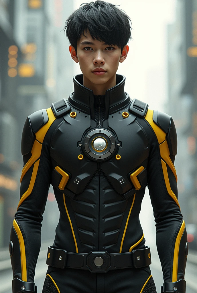 man in black and yellow technological clothing with button in the middle of the clothing