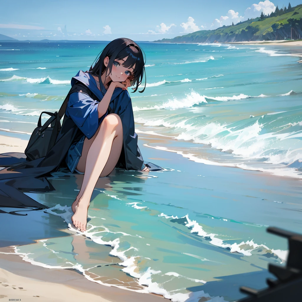 leg of a human seen from her own field of vision like selfie. sitting on the beach. feet with blue varnish. we see the sea at the end of the beach. anime art