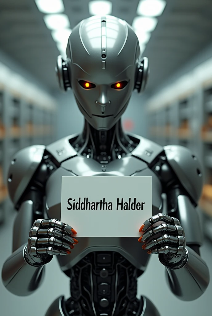 A robot holding a card, Siddhartha Halder name writing in card.. And he saw his viwer