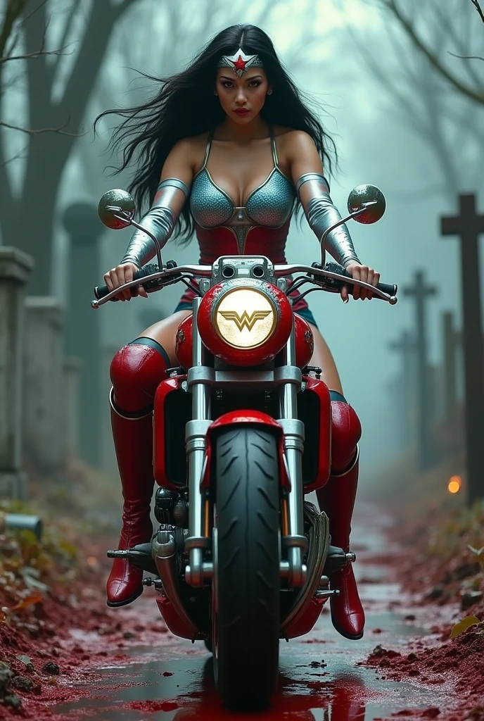 (((A beautiful woman riding a futuristic high-powered motorcycle (((Light blue one-piece suit with scales))) Wonder Woman red corset, long black hair, silver metal headband with a red star on her forehead, long silver bracelets, long red boots up to her knees, blood all around her, cursed cemetery, bloody and terrifying images, high-cylinder red motorcycle with Wonder Woman logos)))