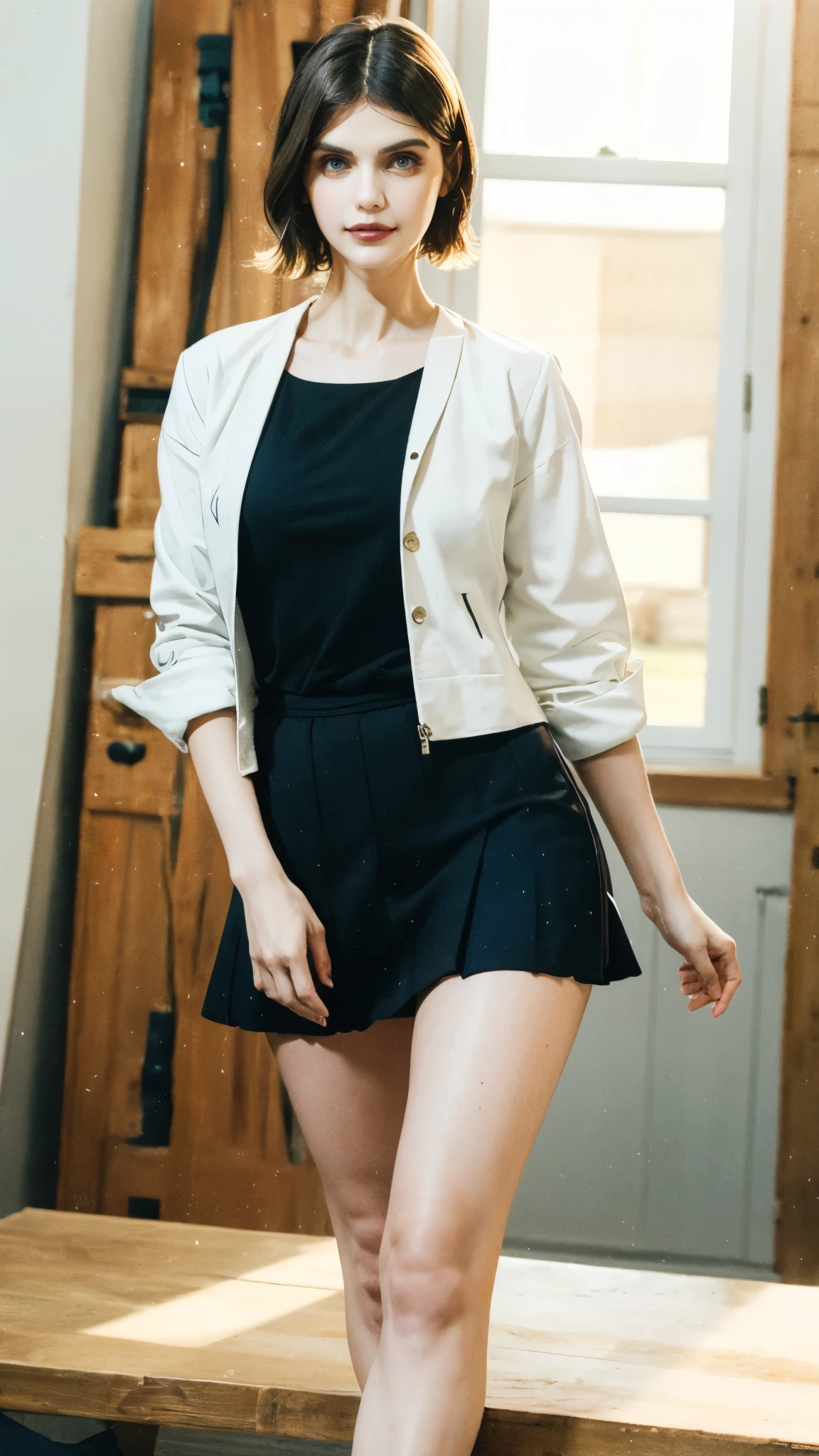 (masterpiece:1.2, best quality:1.2, extremely delicate:1.2), ((Alexandra Daddario:1.2)), a girl with short gray hair, bright eyes, a cheerful smile, a joyful expression, perfect nose, perfect mouth, perfect teeth, a slender figure, a two-piece fantasy-realistic style jacket, short skirt that matching the outfit, barefoot, she happily leaps in front of a fantasy-style ancient ritual building, bright and soft color, this character embodies a finely crafted fantasy girl, exquisite photography, Photo realism, photorealistic, pale skin, perfect skin, textured skin, detailed skin, porcelain skin, dramatic, high definition, highres, ultra-detailed, ultra-fine painting, professional, perfect body proportions, golden ratio, anatomically correct, symmetrical face, perfect eyes, extremely detailed eyes and face, high quality eyes, creativity, RAW photo, UHD, 32k, Natural light, cinematic lighting, (masterpiece-anatomy-perfect:1.2)