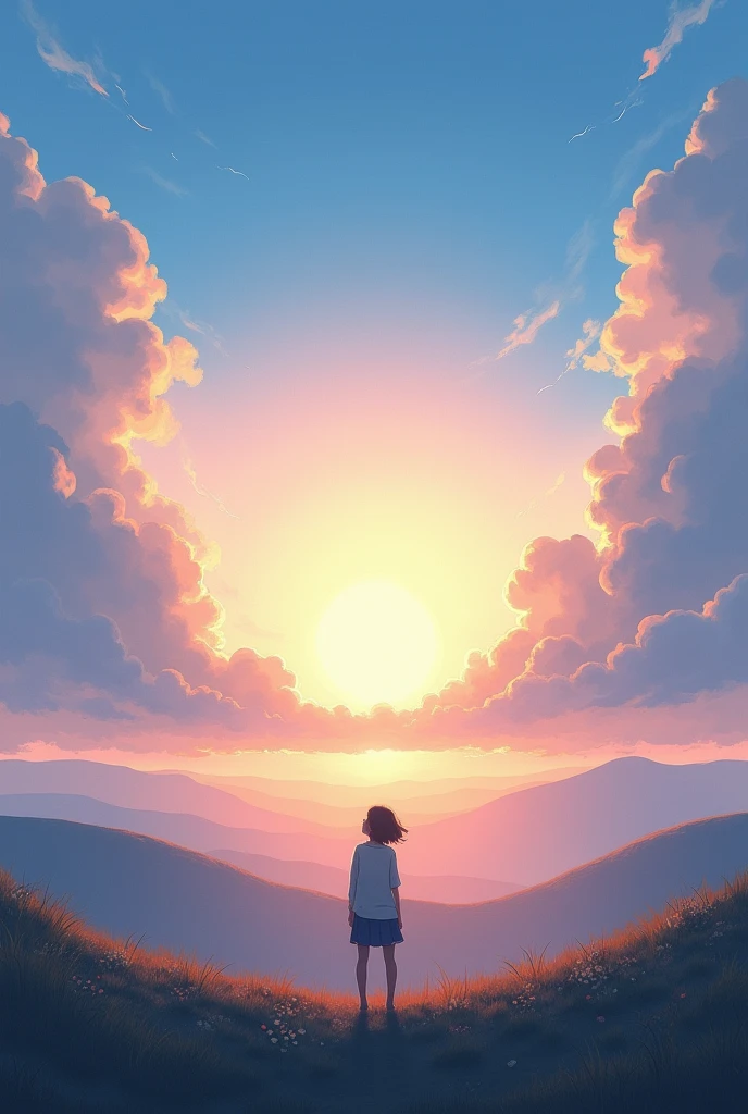 A sun rising between clouds or a person looking towards a bright horizon with a positive attitude.