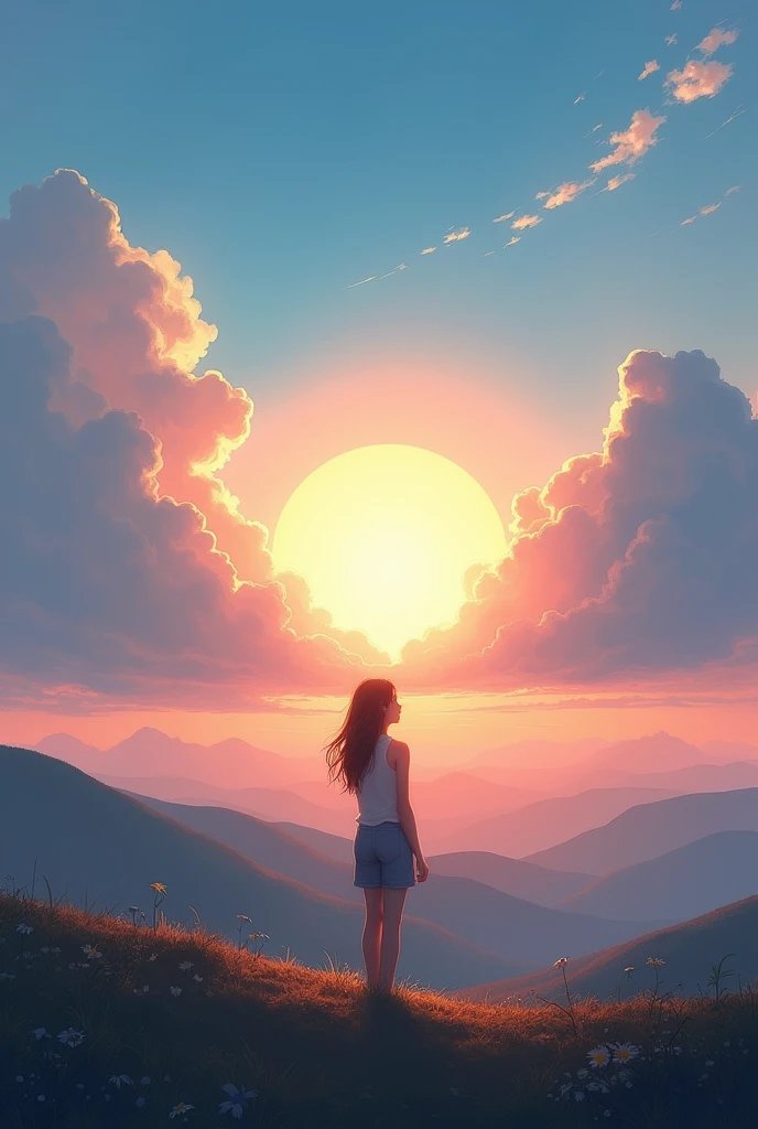 A sun rising between clouds or a person looking towards a bright horizon with a positive attitude.
