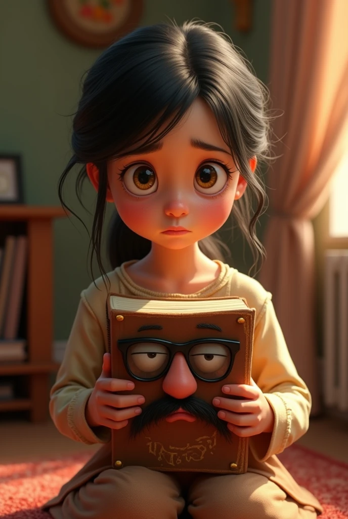 A pixar style image of an eleven year old girl holding and looking sadly at a yellow book with glasses eyes mustache mouth that is very dirty