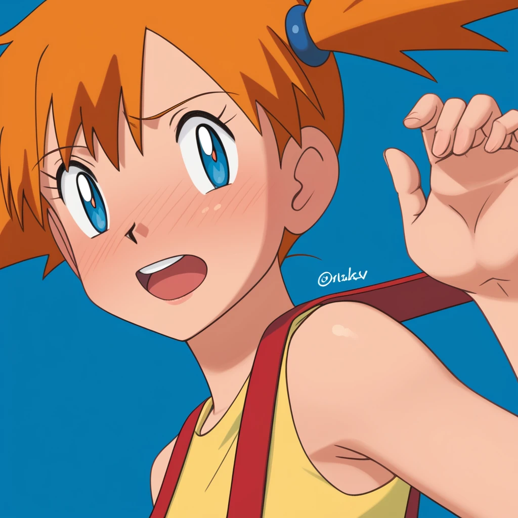 score_9, score_8_up, score_7_up, score_6_up, score_5_up, zPDXL2, max detail, 4k wallpaper, masterpiece, best quality, absurdres, highres, dynamic angle, dynamic pose, source_anime, PokemonStyle, pokemon \(anime\), pokemon \(classic anime\), flat color,
1girl, solo, misty (pokemon), open mouth, orange hair, blue eyes, upper body, suspenders, side ponytail, breasts, teeth, blush, outline, shirt, short hair, yellow shirt, blue background, simple background, sleeveless, bangs, looking to the side, upper teeth only, bright pupils, bare shoulders, sleeveless shirt, character name, tongue