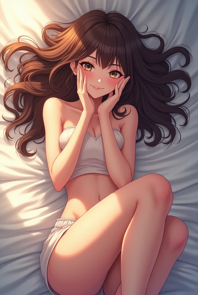 anime girl, laying down on bed, top down shot, anime artstyle, curly hair, realistic, morning lighting, fluffy hair, legs up shot, happy expression, nerissa ravencroft, arms up, seductive look, posing for camera, magazine cover, vogue, album cover, clean, simple, hands not behind head, hands near head, hands loose