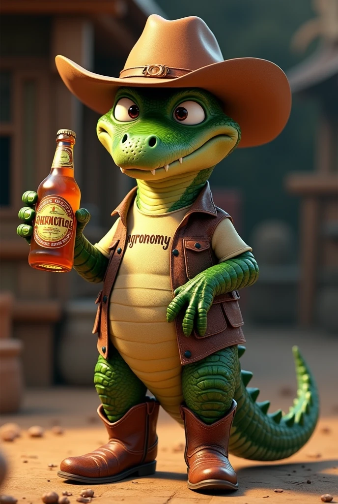 Animated crocodile wearing a cowboy hat and cowboy boots with a beer in his hand, and that on the shirt it says "AGRONOMY"