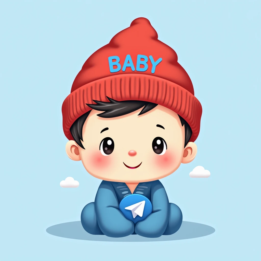 Baby povel durov , Telegram logo , cute , background light blue , red hat , BABY written on the hat in capital letters , in blue clothes povel durov yaz