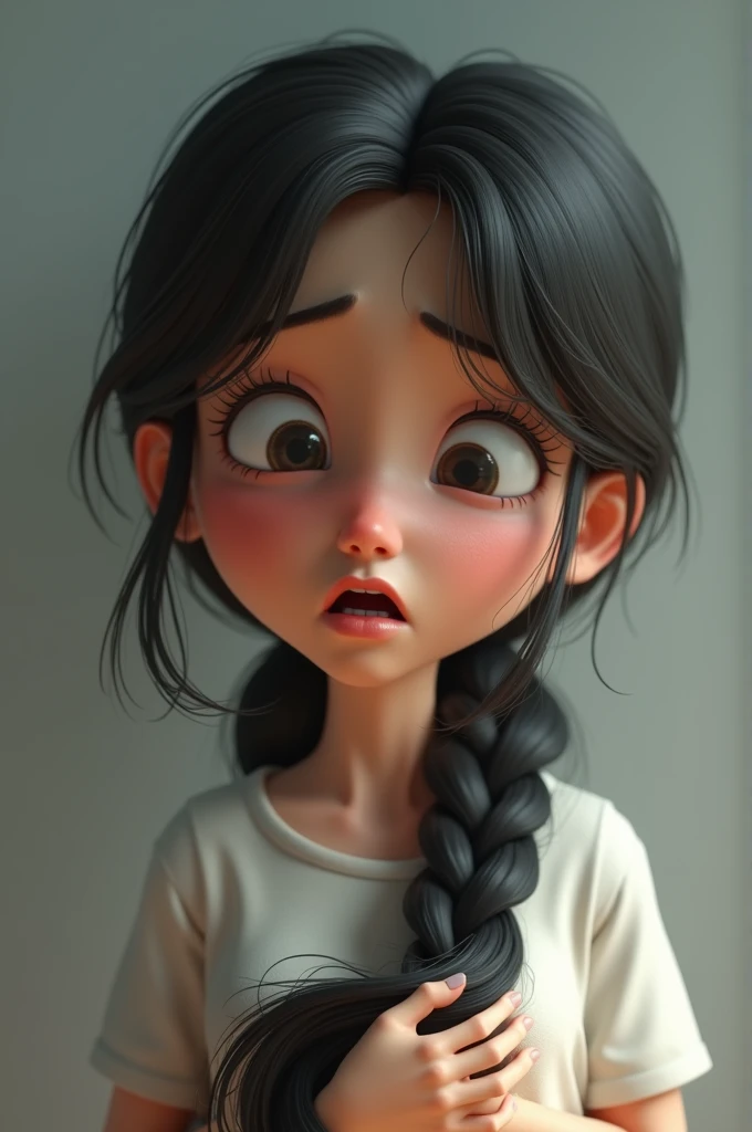 Create an animated 3D image of a young woman with a sad expression on her face. The animation should show her from the waist up. She is holding a clump of hair that has fallen out of her scalp in her right hand, with her hand positioned next to her head. Her left hand remains close to her body. The scene should clearly convey her sadness, with detailed facial expressions and realistic hair texture