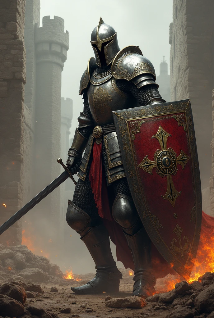 Make a warrior attacking with:
Clothing and Weapons:
He wears shiny plate armor with ornate details and a visored helmet..
He carries a long sword and a heraldic shield with a family emblem..
around:
A medieval battlefield or a ruined castle.
Posture and Actions:
in combat position, perhaps raising his sword for the attack or defending with the shield.