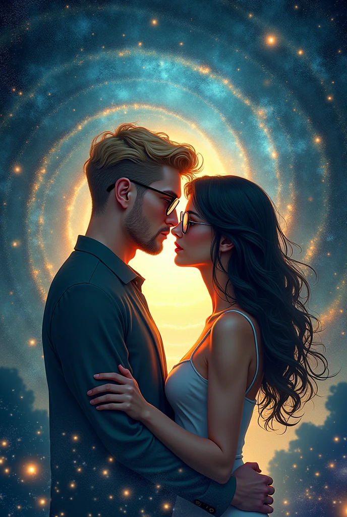 Romance book cover, with the name Flow of time in Portuguese Adult couple Blond boy,
 girl has long black hair Both wear glasses Background with universe

