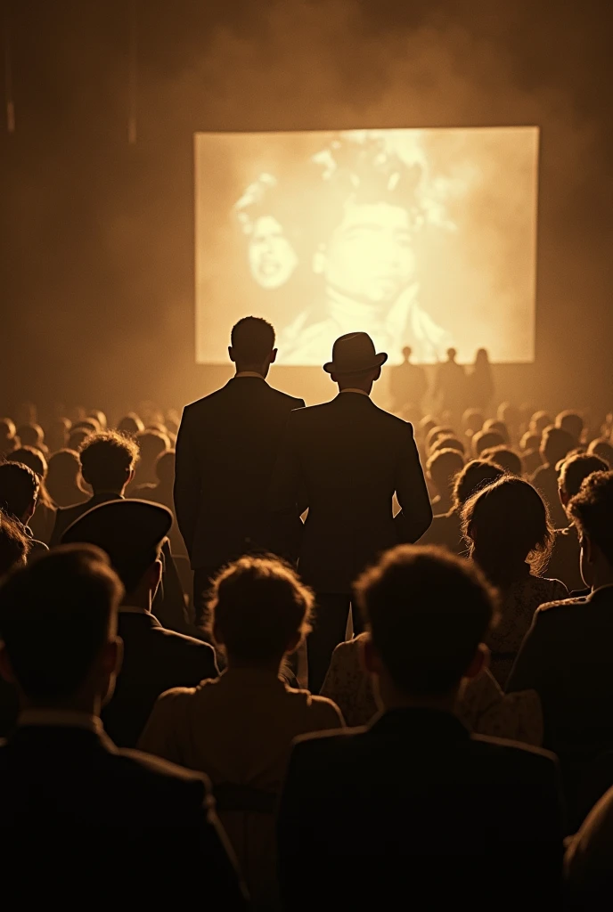 A historic photograph of the first screening, with the Lumière brothers and the public.
texto: "The World Moves on the Screen. Discover how it all began and how cinema transformed history."