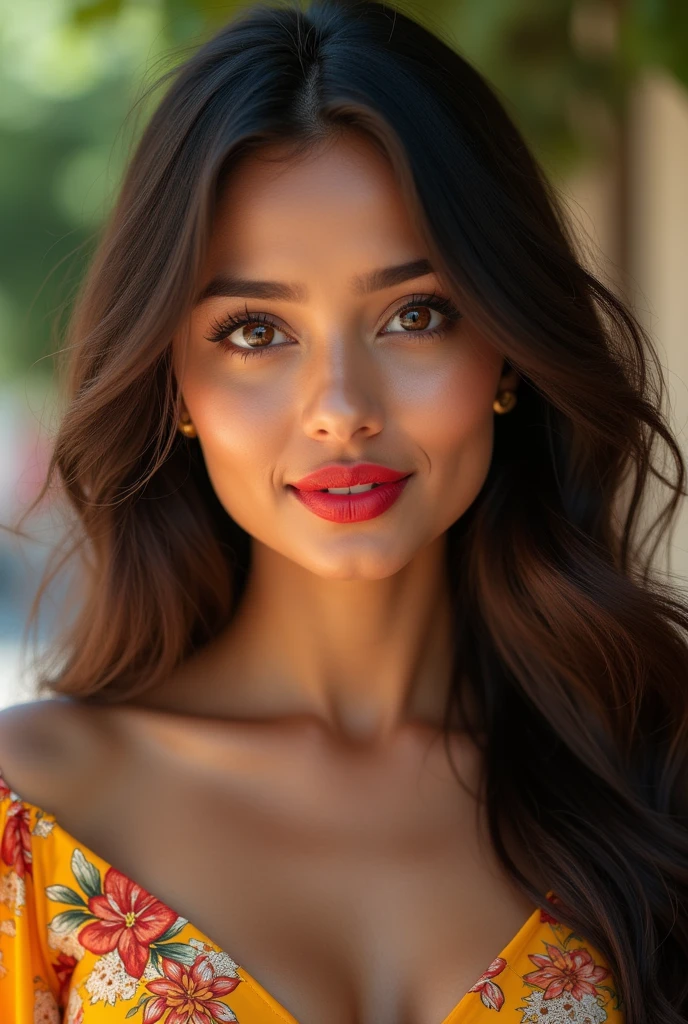 A heavenly and incredibly beautiful Asian Indian, His profession is law. Sua pele beijada Pelo sol, Captivating honey eyes, and flowing brown hair immediately catches the eye. The portrait appears to be a high resolution photograph., capturing every detail to perfection. Her red lips are full and attractive, It exudes a seductive charm. The overall image quality is exceptional, natural with impressive details. an identical woman, Face, Pelo, identical clothes. A beautiful smile. She is riding a bike on a bike path, with a flowery outfit, and smiling quite happily.