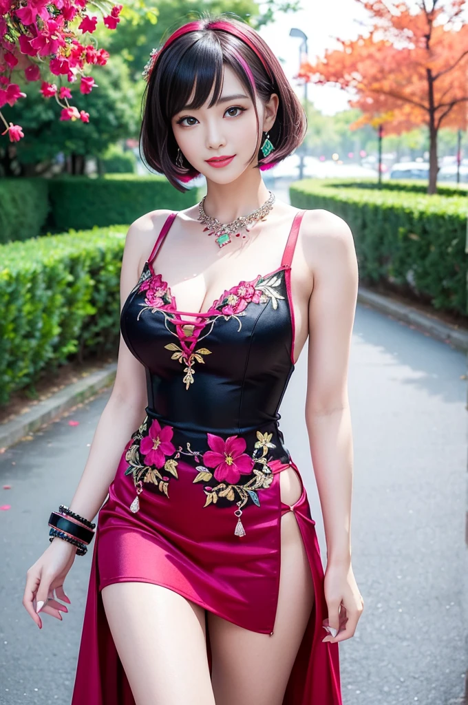 (masterpiece:1.4), (best quality:1.4), ultra high res, ultra high resolution, ((detailed facial features)), HDR, (realistic, photorealistic, photo-realistic:1.37), full body Esbian, sexy Vietnamese model, (-anime), vivid colors, ((vivid colors multicolor (red, fuchsia) very short hair)), (happy smile), lip-gloss, long lashes, ultra detailed metallic makeup, defined eyebrows, wearing large sparkling colorful jewelery, wearing a red silk Paradise Kiss cosplay dress with black floral embroidery, ((vivid colors outfit)), vivid colors, look at the camera, cinematic light, large park background with trees, sweet and sexy pose