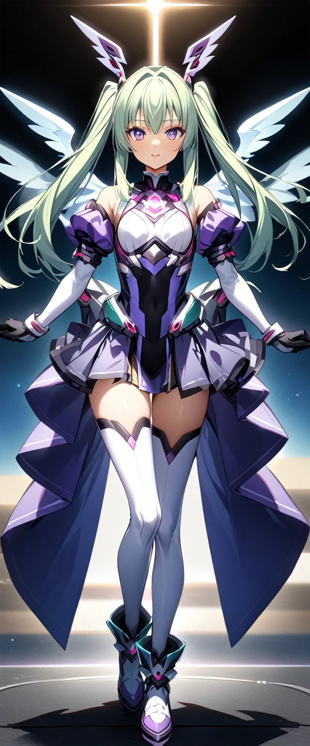 (Perfect Anatomy)、Mastepiece、Ultra High Quality、 8k、masterpiece、Highest quality、Ultra-high resolution、Maximum resolution、Very detailed、Professional Lighting、anime、woman、thin、Very beautiful face、Beautiful eyes、(Highly detailed eye)、Highly detailed face、Extia Flora、White and purple enamel high leg leotard、Purple Mini Skirt、White thigh-high boots、Purple pattern、White decoration、Cyber Headgear、Shoulders show skin、Green Hair、long hair、Twin tails、Purple Eyes、Dairy-free、Pink Lips、White cloak、(((Wings that shine light green around the waist))), white long gloves, contouring, makeup, eyeliner, eye shadow, pink cheek, pink lips, full body, Random Pause、Beautiful attention to detail, random pose