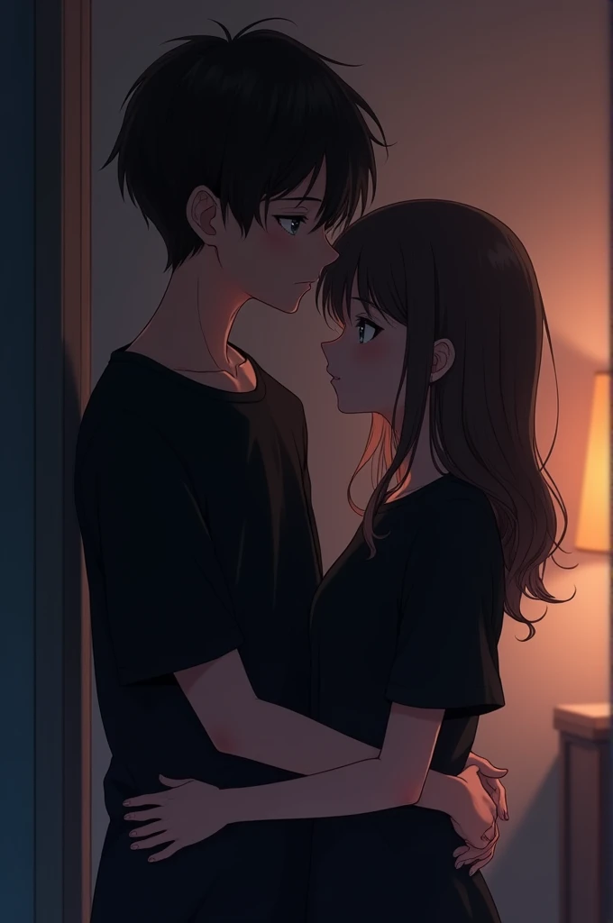 "In a dimly lit room, an anime couple stands close together, both dressed in black shirts. The boy, with thin hands, holds the girl from behind, wrapping his arms around her waist in a close embrace. His playful, flirtatious demeanor contrasts with her shy yet intrigued expression. The soft light and shadows of the room create an intimate, charged atmosphere, highlighting their close physical connection and the tender, affectionate moment between them."
