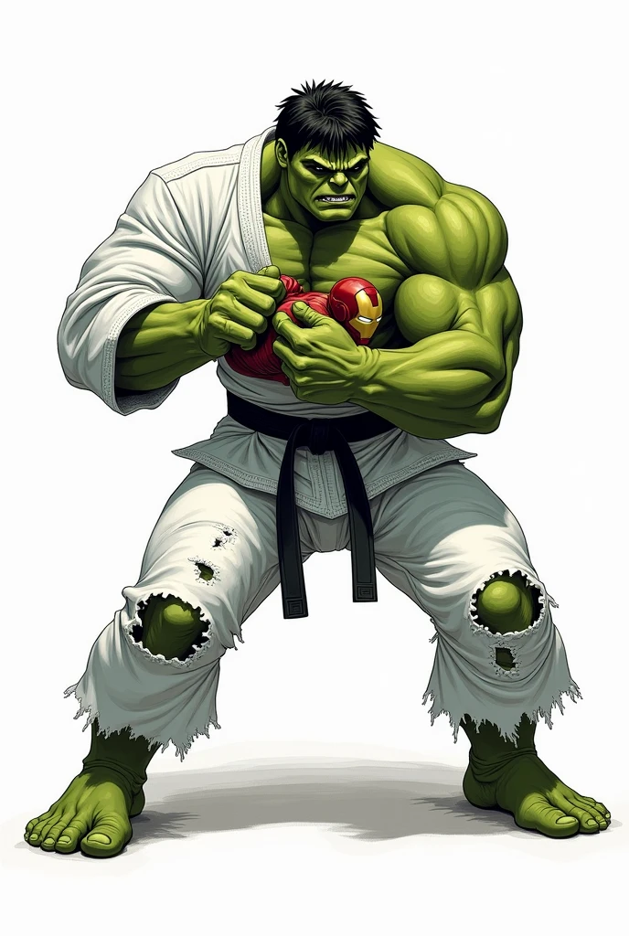 HULK WITH THE GREEN BODY,  WEARING A WHITE Jiu Jitsu KIMONO WITH BOTH LONG AND RIPPED ARM SLEEVES , long and RIPPED pants , black Belt, GIANT MUSCULAR, fully body, drawing style, white background, PRATICANDO JIU JITSU, GIVING ARM LOCK TO IRON MAN

