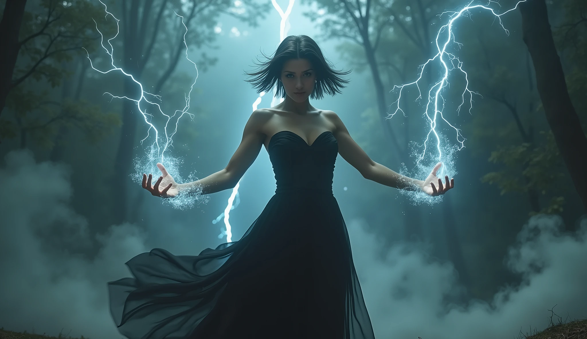 Wallpaper of a very beautiful and elegant witch with very pretty eyes, flying in the forest facing towards camera with short open hair and open arms getting power from the sky. Very dense and heavy smoke and lighting strikes in the background. Ultra high definition, very detailed, black dress, fantasy.
