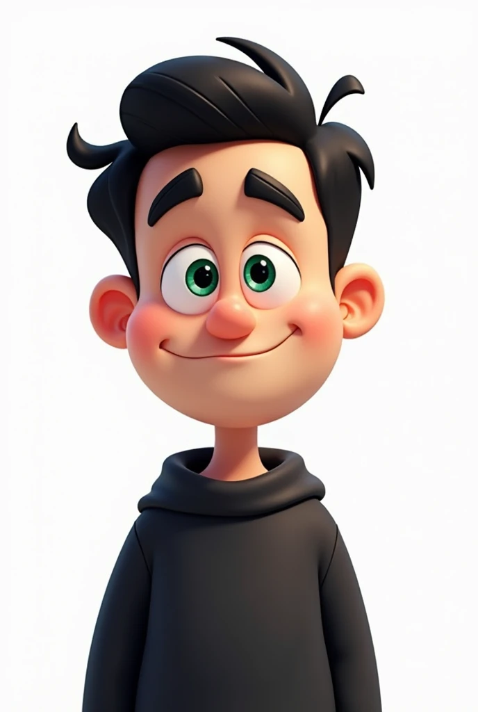 Personagem Cartoon, greenish eyes, black eyebrows, Bblack hair, black sweatshirt,white background and it's a man