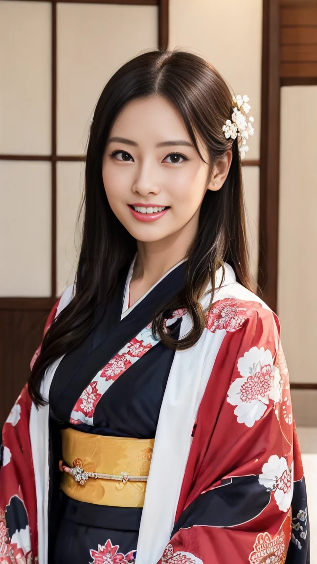 (SeaArt creates stunning illustrations of beautiful women in kimono)、Vividly colored Japanese Ukiyo-e style illustrations、A beautiful woman smiles and shows her upper white teeth、Brown-black long hair、Beautiful full body style、If you want to dance, let's dance, Tokyo Ondo, Yoi Yoi、Beautiful new digital paintings,、Bright vibrant digital anime art、 Beautiful anime portraits、background,Japanese shrine torii gate front、 Detailed digital anime art、