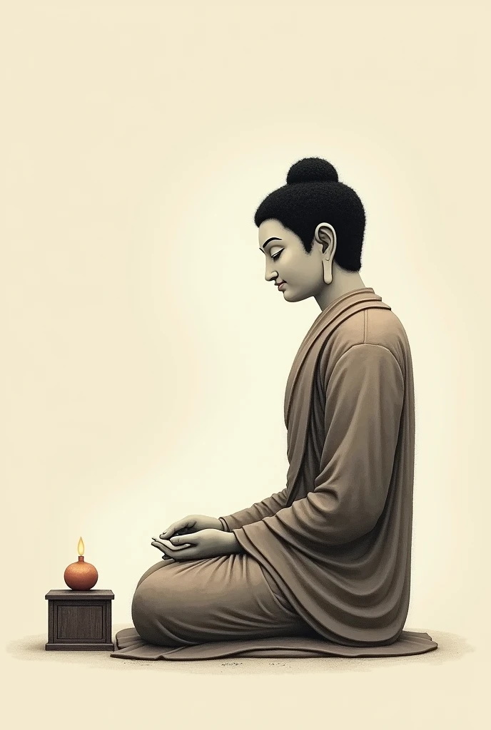 Buddha seated in profile with a small chest in front of him